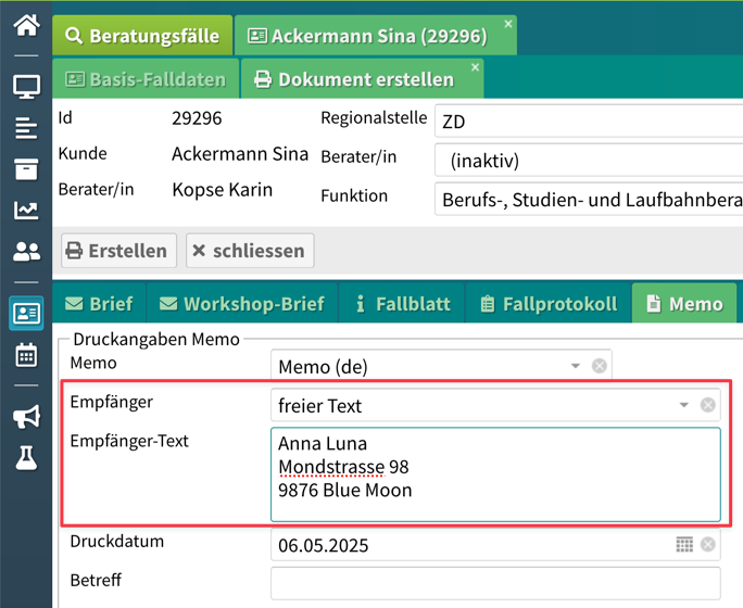 Screenshot Memo-Brief-Adresse