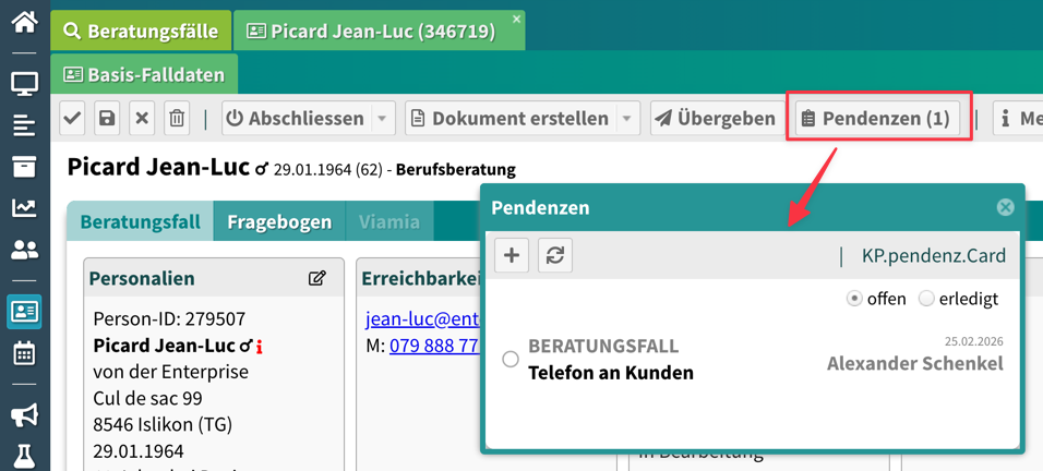 Pendenzen-Screen im Beratungsfall