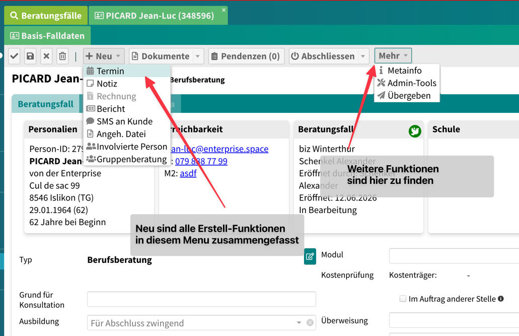 Ansicht Beratungsfall mit neuer Menuführung