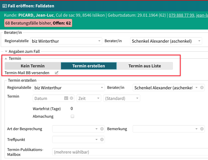 Ansicht Termin-Wahl in Fall-Eröffnung