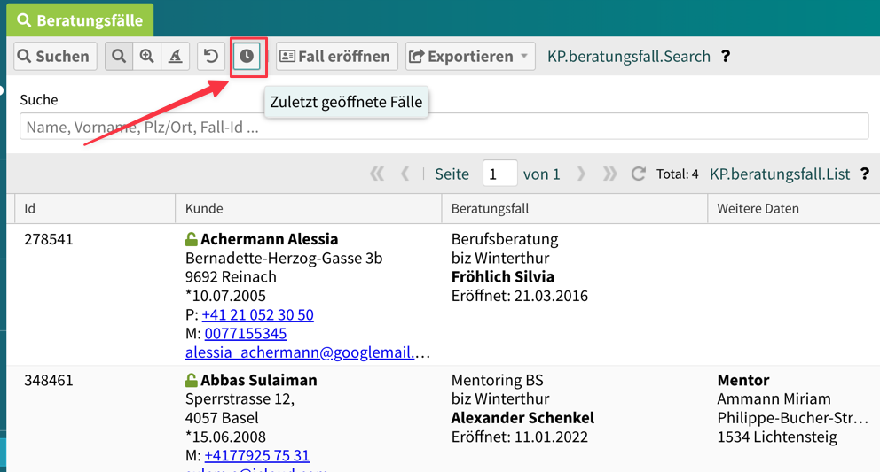 Suche mit zuletzt geöffneten Fällen