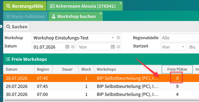 Workshop-Buchungs-Dialog mit ausgebuchtem Kurs
