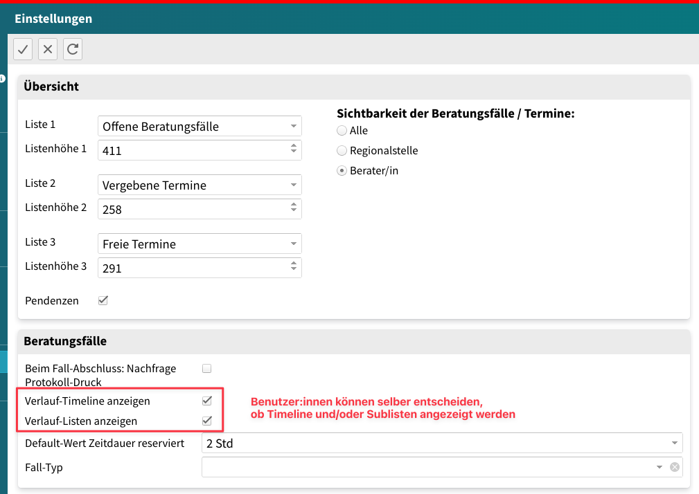 Einstellungen Timeline